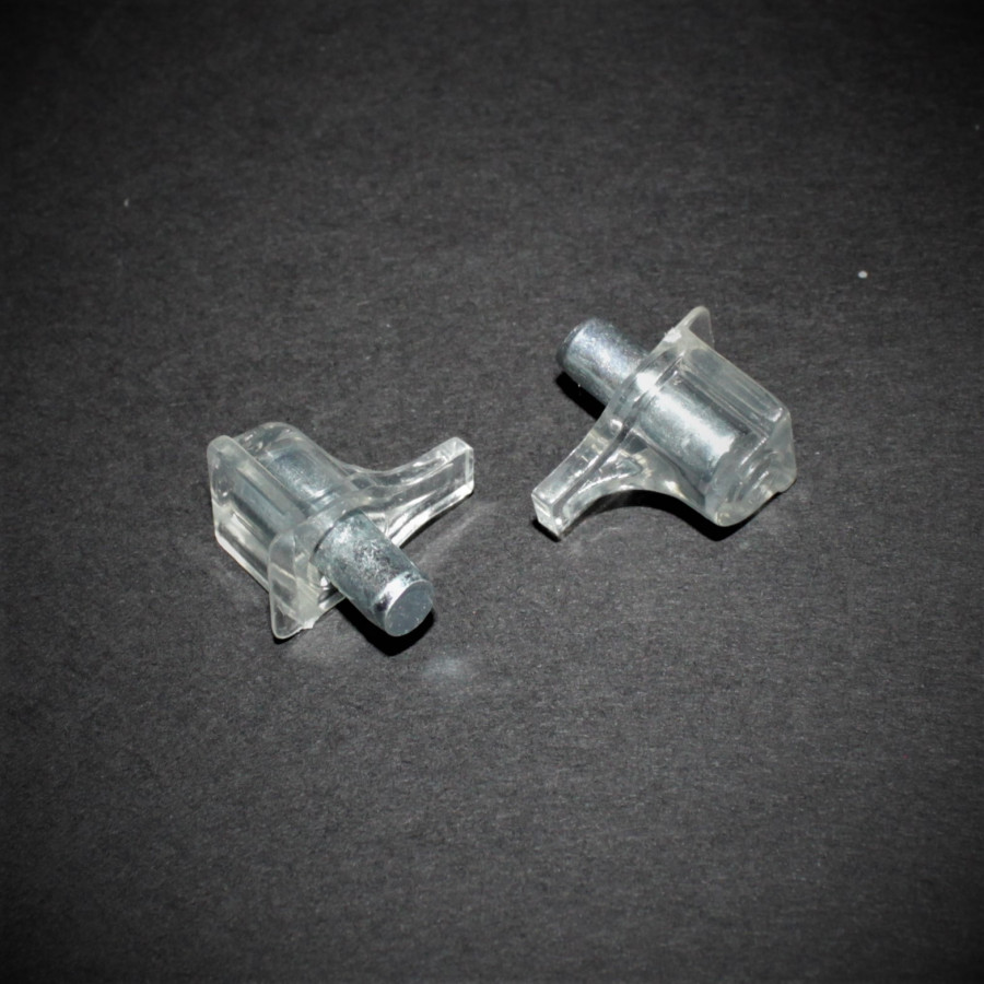 Hyldebærer i klar plast med 5mm tap i stål - til glashylder - køb på discosupport.dk!