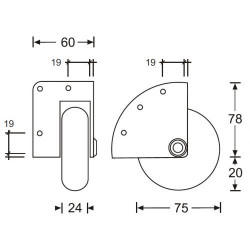Monteringstegning for Ø75 mm hjørne hjul til flightcases og højttalere