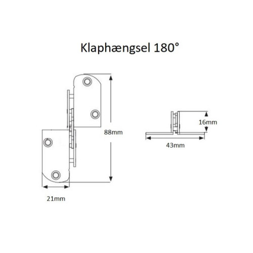 Klaphængsel 180° - til 16mm pladetykkelse - gulkromat - discosupport.dk