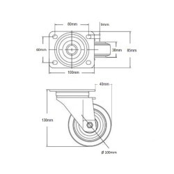 Nylonhjul 100mm Hvid med kraftig svingbar gaffel - Transporthjul