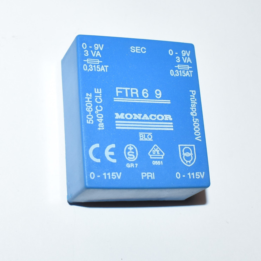 Transformator 2x 0-9V 3VA - Input 230V - Monacor FTR-69 - discosupport.dk