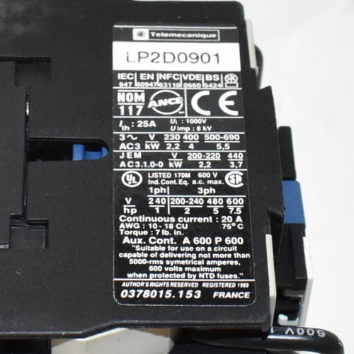 Telemecanique LP2 D0901BD Reverserende Kontaktor 4kW - Spole 24V DC - discosupport.dk