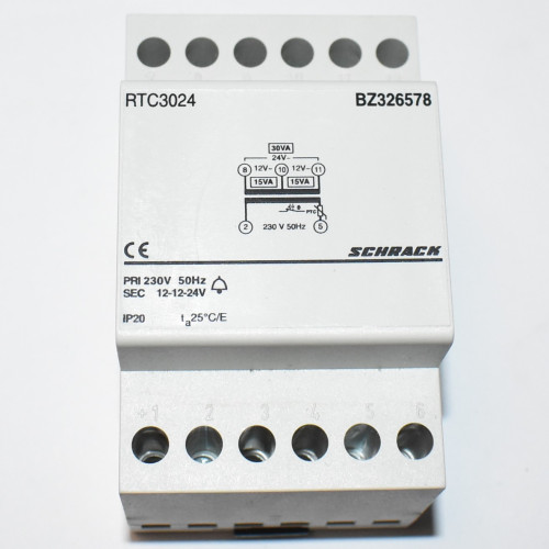 Ringetrafo 12-12-24V - 30VA - Schrack RTC3024 - til DIN-skinne
