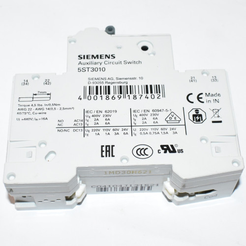 Automatsikring 15kA 1P C 4A med hjælpekontakt - Siemens 5SY7104-7 + 5ST301.AS - discosupport.dk