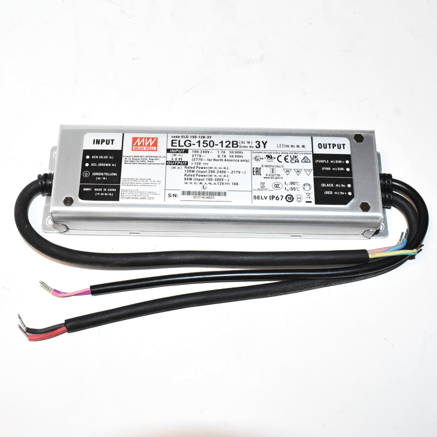 12V LED driver MeanWell ELG-150-12B-3Y - 120W - 12VDC - 10A - IP67 - discosupport.dk