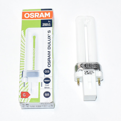 5W Kompaktrør Osram Dulux S 5W/840 G23 2P - 4000K kold hvid - discosupport.dk