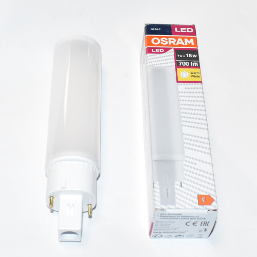 7W Osram Dulux D 18 LED - G24d-2 2-pins - 830 varm hvid - discosupport.dk