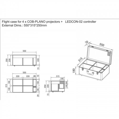 Flightcase til 4x COB-PLANO spots + LEDCON-02 Mk2 controller