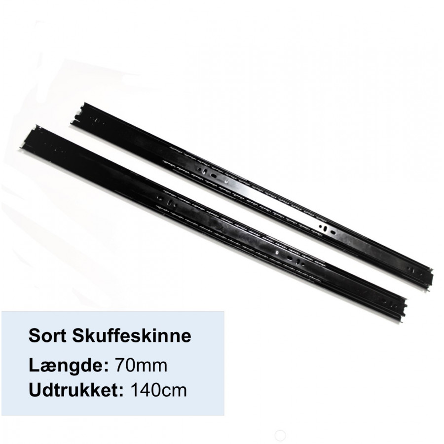 Sort Skuffeskinne med 100% Udtræk - Længde: 70cm Udtrukket: 140cm - 2 stk.