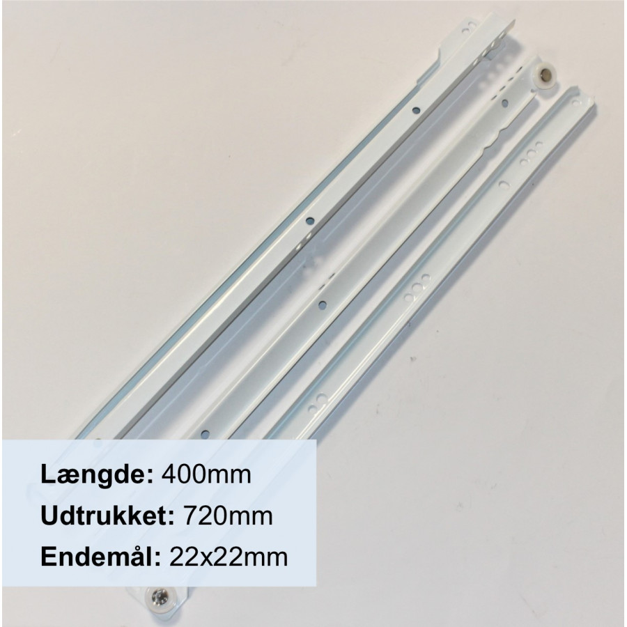 Skuffeskinne - Rulleudtræk - Hvid - Længde - 40cm - Udtrukket 72cm - 1 sæt - discosupport.dk